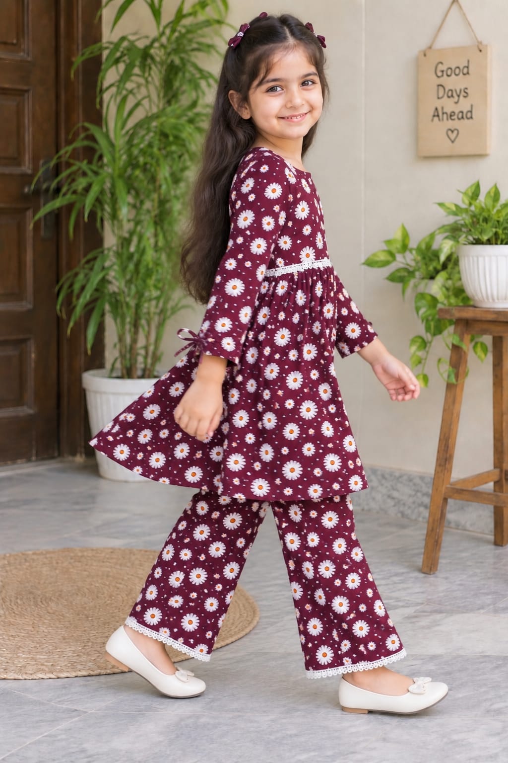 Maroon Floral 2-piece Frock
