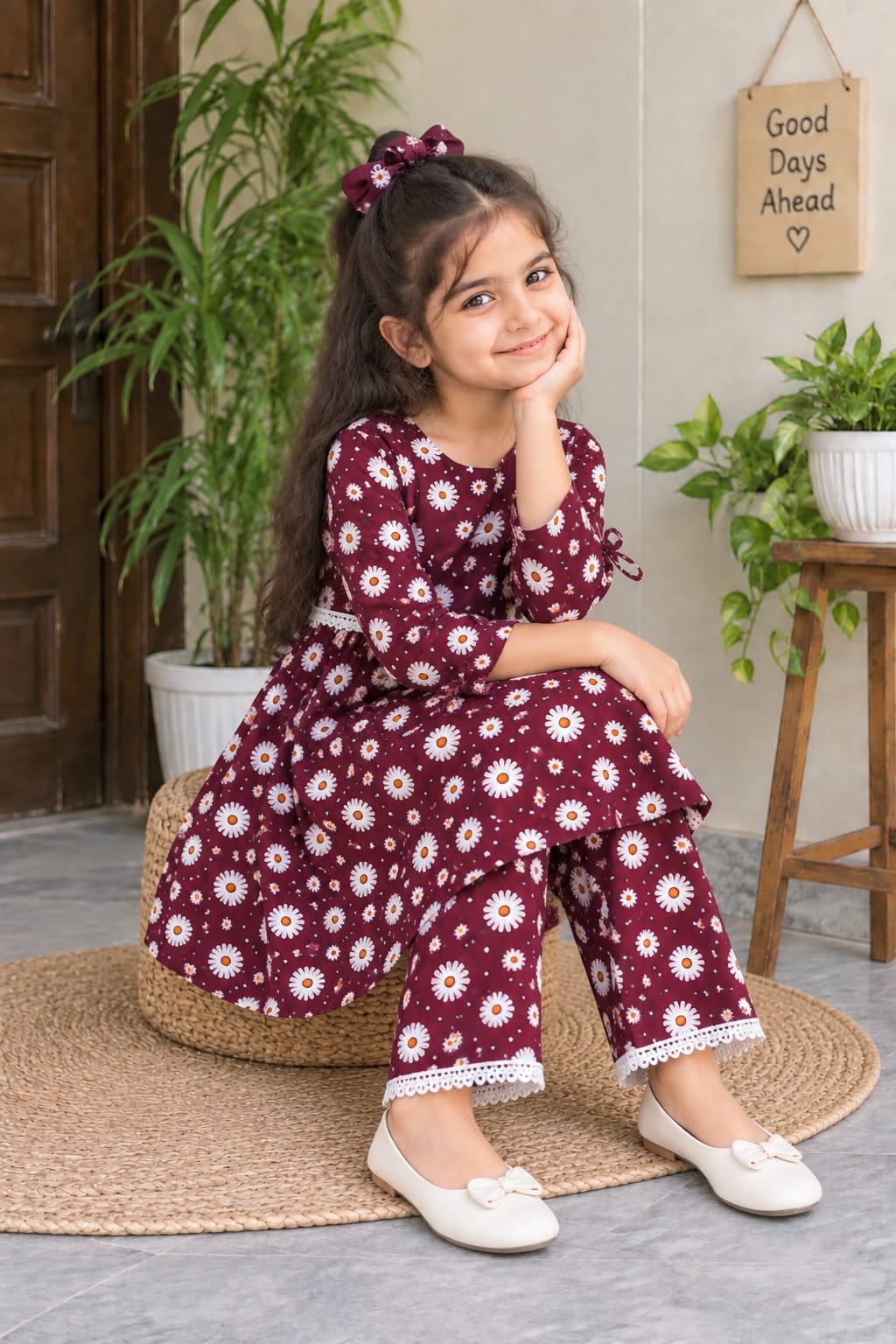 Maroon Floral 2-piece Frock