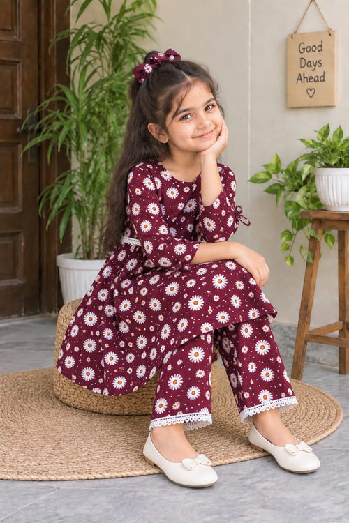 Maroon Floral 2-piece Frock