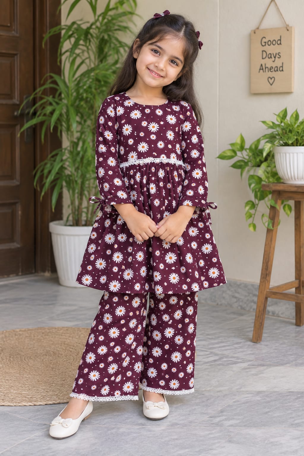 Maroon Floral 2-piece Frock
