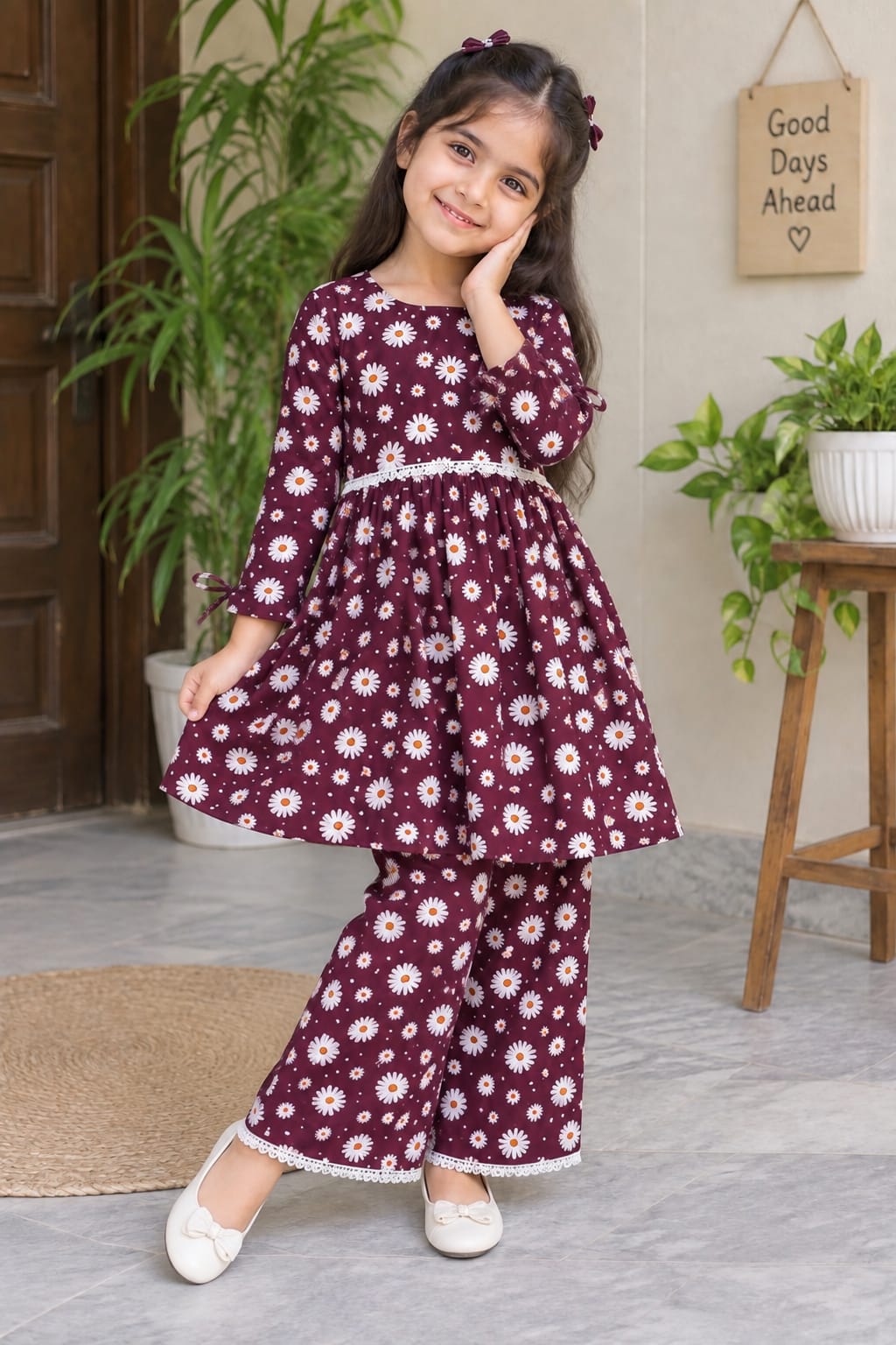Maroon Floral 2-piece Frock
