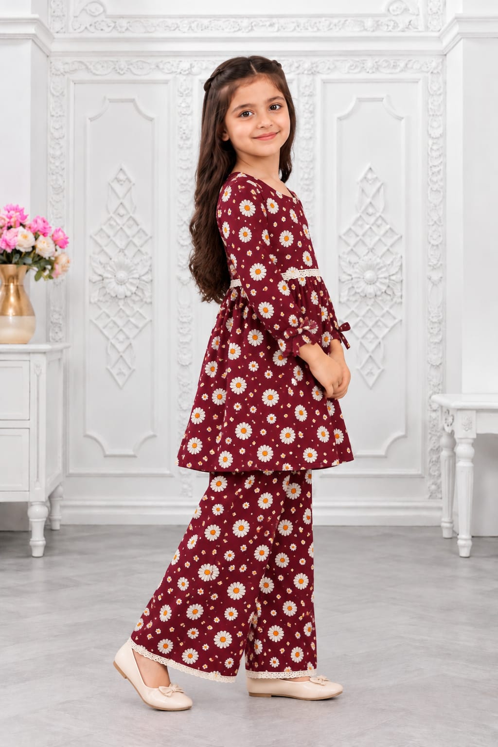Maroon Floral 2-Piece Frock
