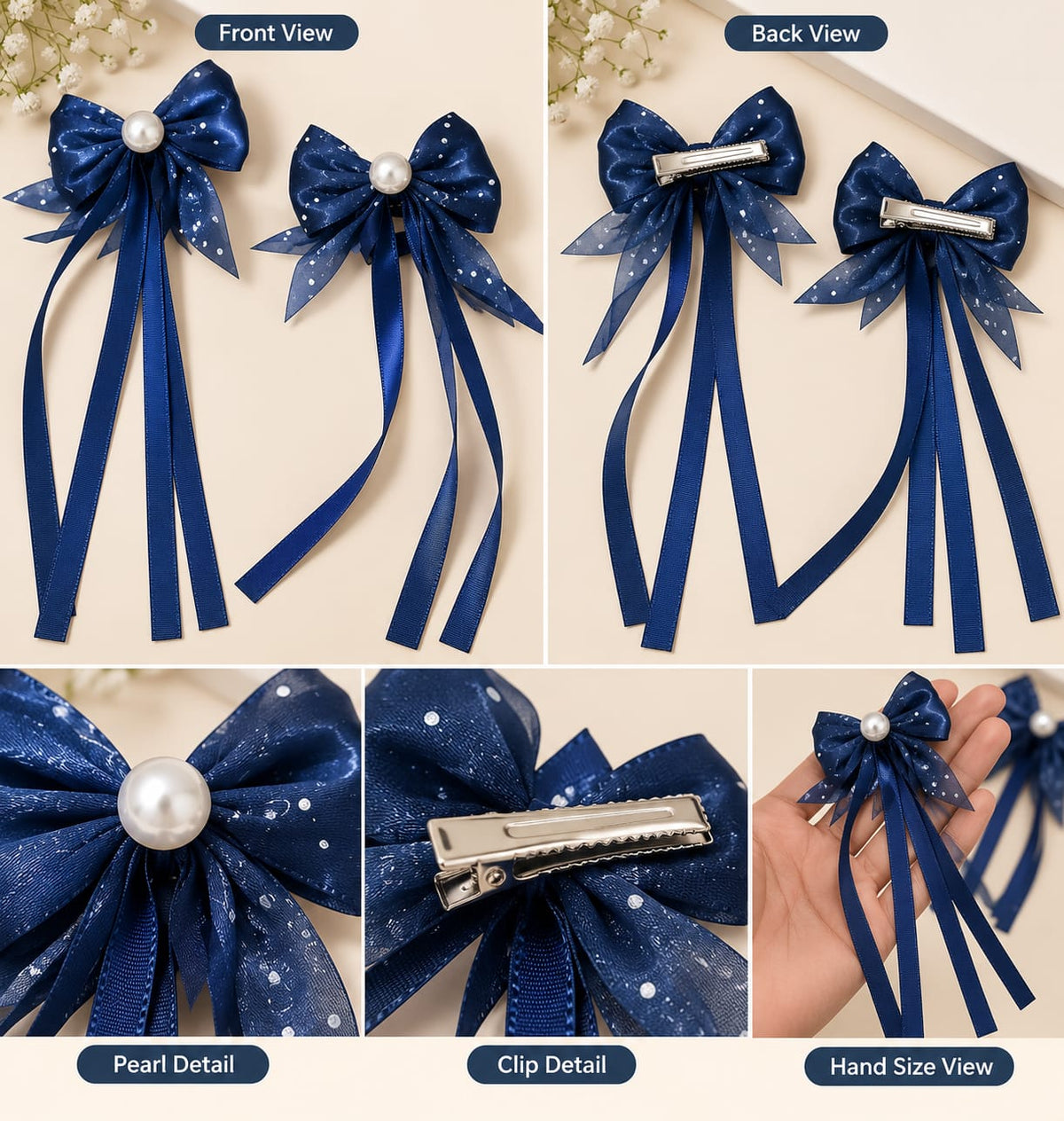 Navy Bow Clips