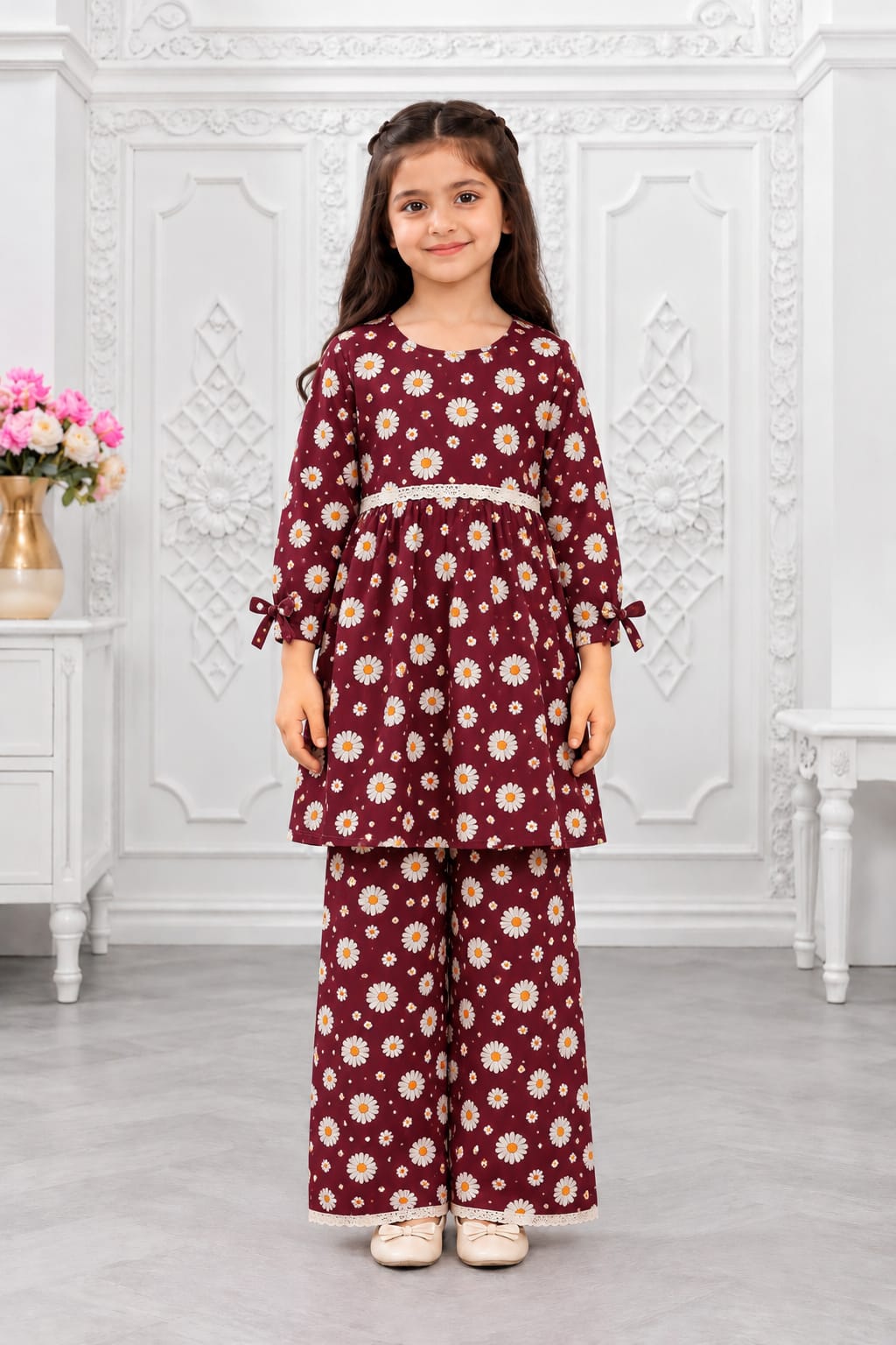 Maroon Floral 2-Piece Frock